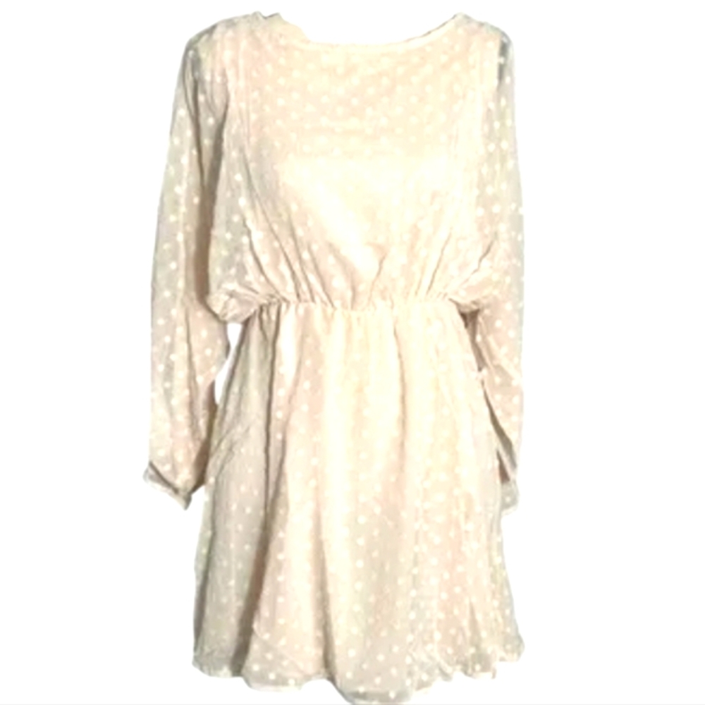 LUMIERE UO Swiss Dot Chiffon Dress White on Cream A-line Lined Flowy MED NWT